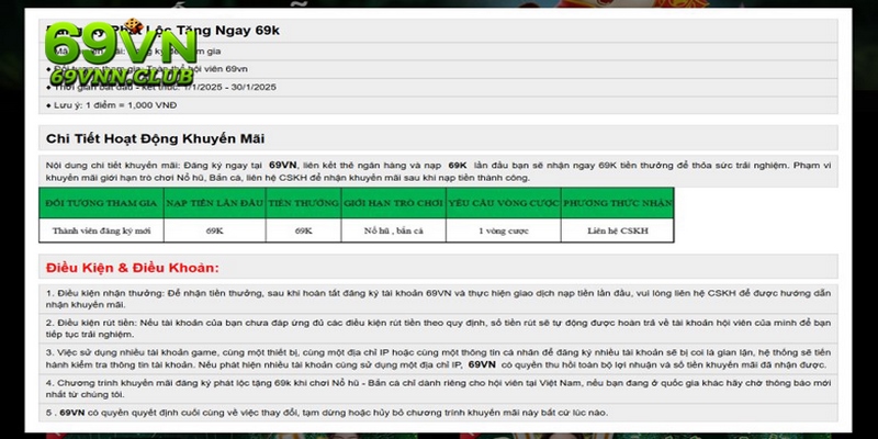 Khuyến mãi 69VN phát lộc cho thành viên mới khi đăng ký thành công
